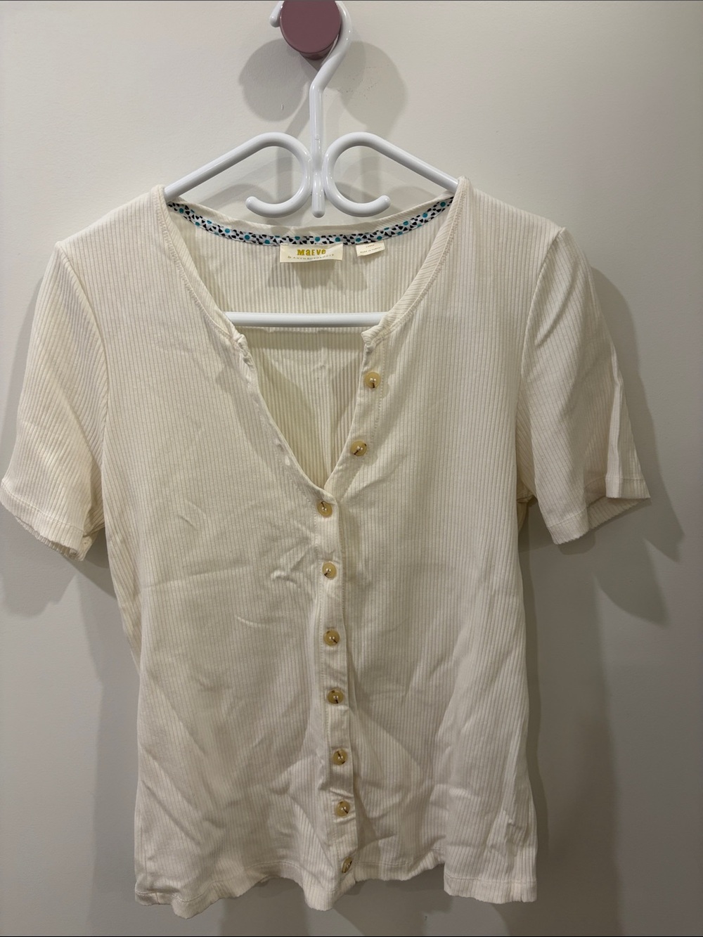 Maeve Cream Ribbed Button-Front Short Sleeve Tee